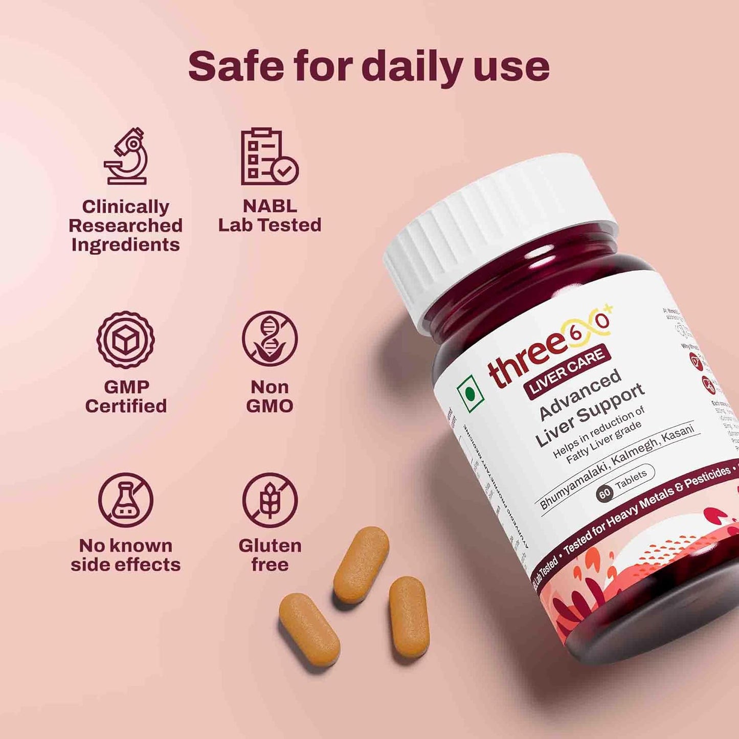 three60+ Advanced Liver Support Tablets | Daily Liver Detox & Fatty Liver Care | Clinically Proven Formula with Bhumiamalaki, Kalmegh & Kasani | Supports Liver Health & Alcohol Detox | 60 Tablet