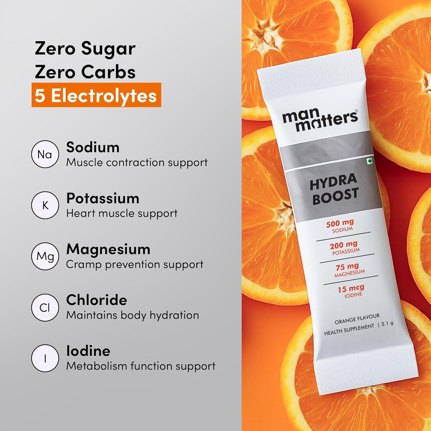 Man Matters Hydra Boost Electrolyte Powder | With 4 Electrolytes, 8 Vitamins & Iodine | No Added Sugar or Calories | Boosts Hydration, Fights Fatigue & Sharpens Focus | Orange Flavour | 15 Sachets