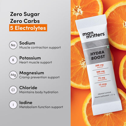 Man Matters Hydra Boost Electrolyte Powder | With 4 Electrolytes, 8 Vitamins & Iodine | No Added Sugar or Calories | Boosts Hydration, Fights Fatigue & Sharpens Focus | Orange Flavour | 15 Sachets