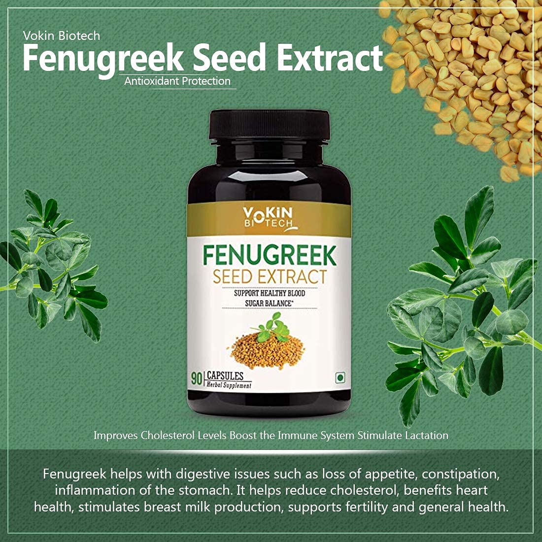 Bottle of Vokin Biotech Fenugreek Seed Extract with fenugreek seeds and leaves on a green background