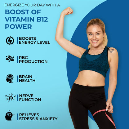 Woman flexing arm with text about vitamin B12 benefits on a blue background