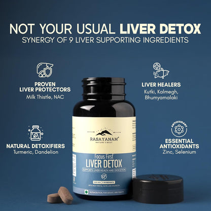 Liver detox supplement bottle with ingredients listed on a blue background