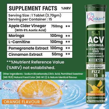 ACV Moringa 5 in 1 formula Effervescent Tablets | 15 Tablets, Pack Of 1 | With L-Carnitine Pomegranate & Cinnamon | Supports Fat Burn | Weight Loss Drink for Women, Men