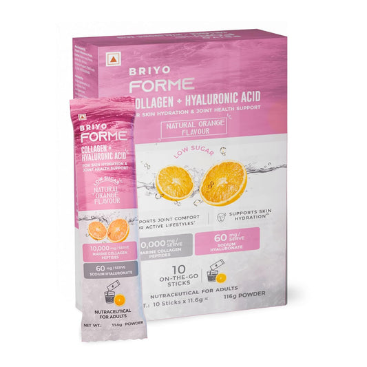 Box of Briyo Forme Collagen + Hyaluronic Acid supplement with orange flavor on a white background