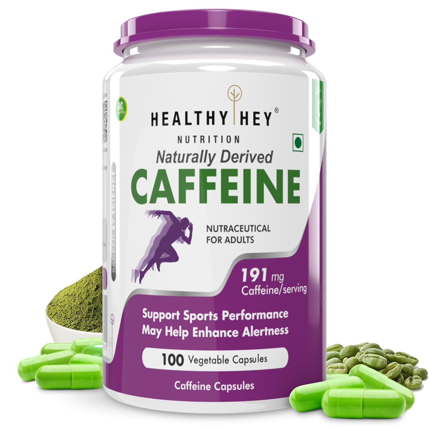 Container of Healthy Hey Nutrition caffeine supplement with green powder and capsules on a white background