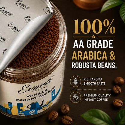 EVORA Greens 100gm Instant Coffee Powder | Vanilla Flavour | Coffee with Arabica & Robusta Blend - Medium Roast | Make Café Style Hot or Cold Coffee, black Coffee, Cappuccino, Latte at Home | Make 50 Cups