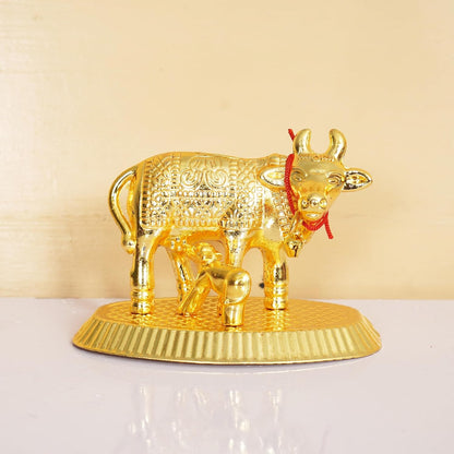 Oxidized Metal Religious kamdhenu Cow with Calf Handmade Handicraft Idol for Home Decor Gift Item