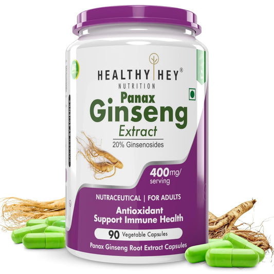 Healthy Hey Nutrition Panax Ginseng Extract supplement bottle with ginseng roots and capsules on a white background