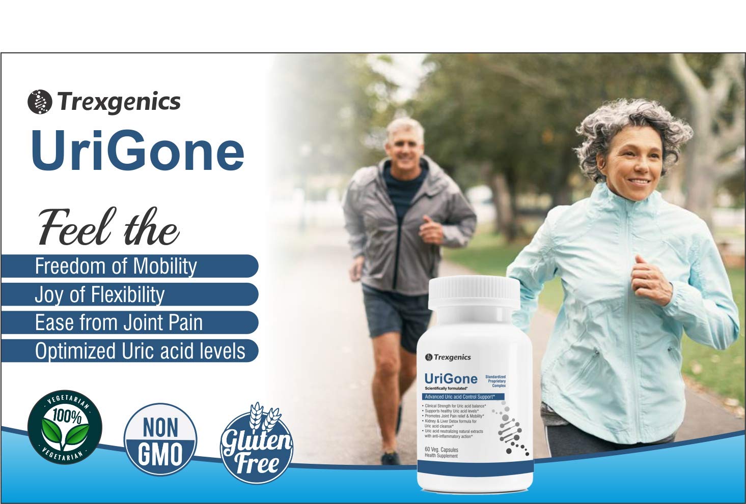 Trexegenics UriGone supplement bottle with two people running outdoors, featuring product benefits.