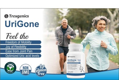 Trexegenics UriGone supplement bottle with two people running outdoors, featuring product benefits.
