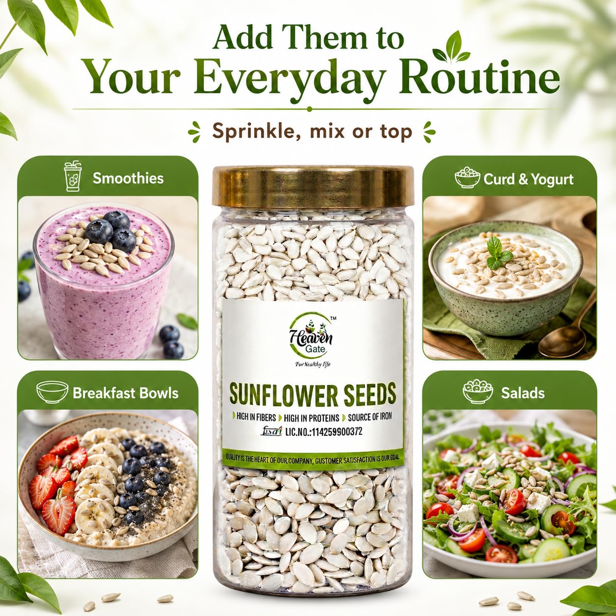 Heaven Gate Raw Sunflower Seeds | High in Vitamin E, Dietary Fibre & Protein | Raw Seeds for Eating | Healthy Snacks | Baking & Cooking | Diet Food | Edible
