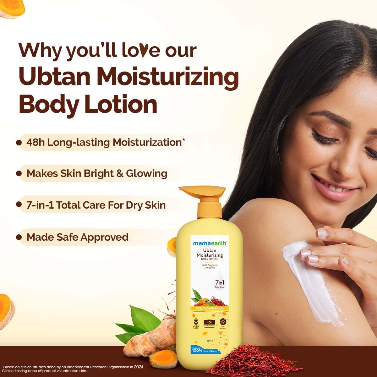 Mamaearth Ubtan Moisturizing Body Lotion with Turmeric & Saffron for Glowing Skin | 48 Hrs Moisturization | Nourishes Dry Skin | 7 in1 Total Care | 100% Natural Butter | Non-Greasy Smooth Skin | 400 ml