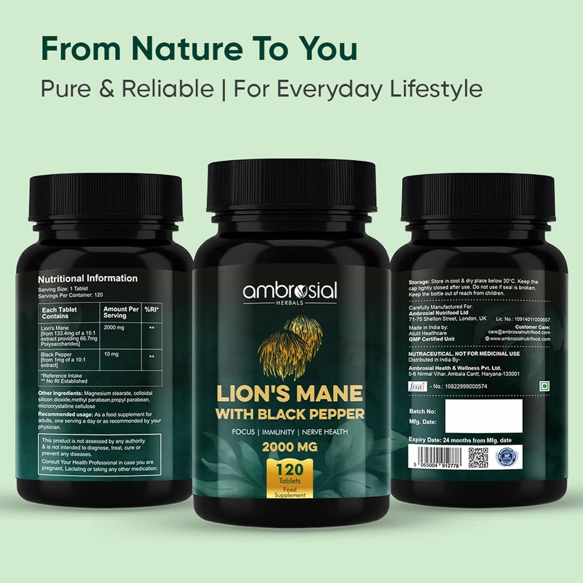 Three bottles of ambrosial Lion's Mane with Black Pepper supplement on a light green background.