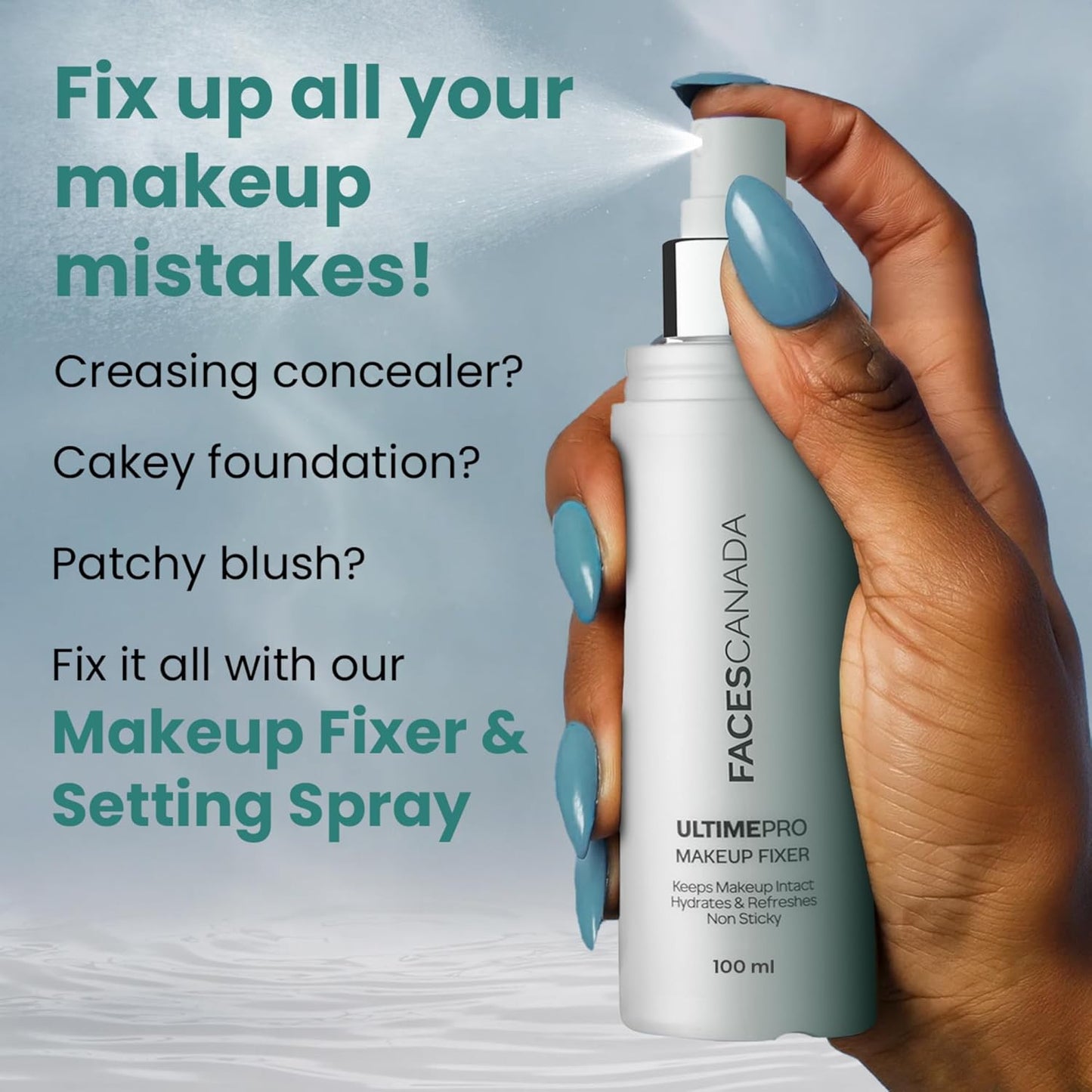 FACES CANADA Ultime Pro Makeup Fixer, 100 ml | Long Lasting Makeup Setting Spray | Keeps Makeup Intact | Hydrates, Soothes & Refreshes Skin | Hyaluronic Acid & Vitamin E Enriched | No Alcohol