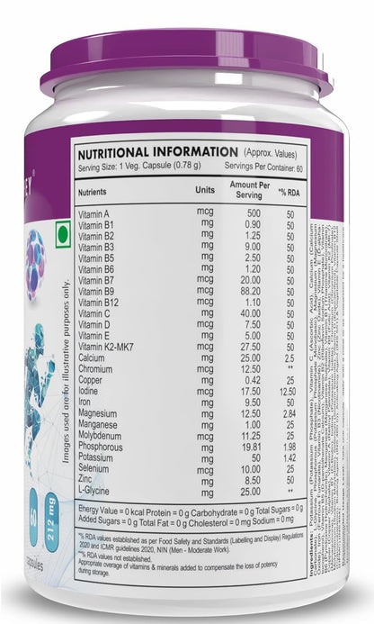 Nutritional information label on a supplement container with a purple lid.