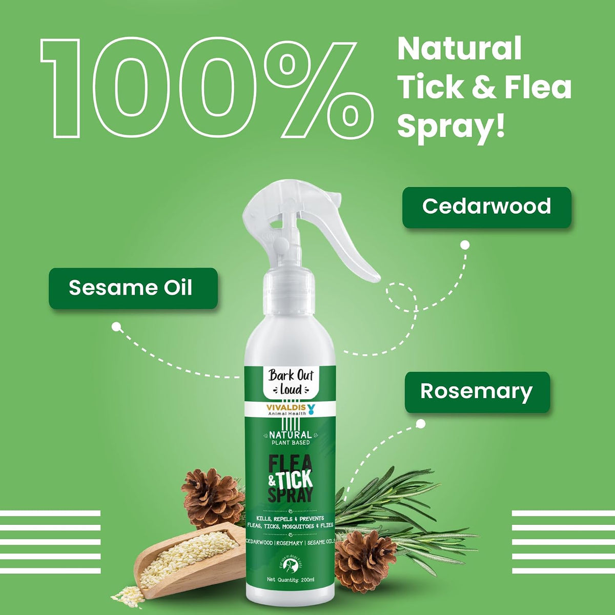 Bark Out Loud by Vivaldis - Natural Tick & Flea Spray for Dogs and Cats, Gentle on Skin, Ensures Healthy Coat 200ml