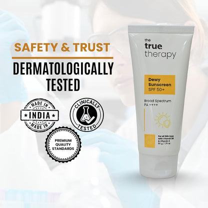 The True Therapy Dewy Sunscreen SPF 50+ PA++++ | Broad Spectrum Sunscreen with Niacinamide, Vitamin E | Dermatologically Tested | 50 g