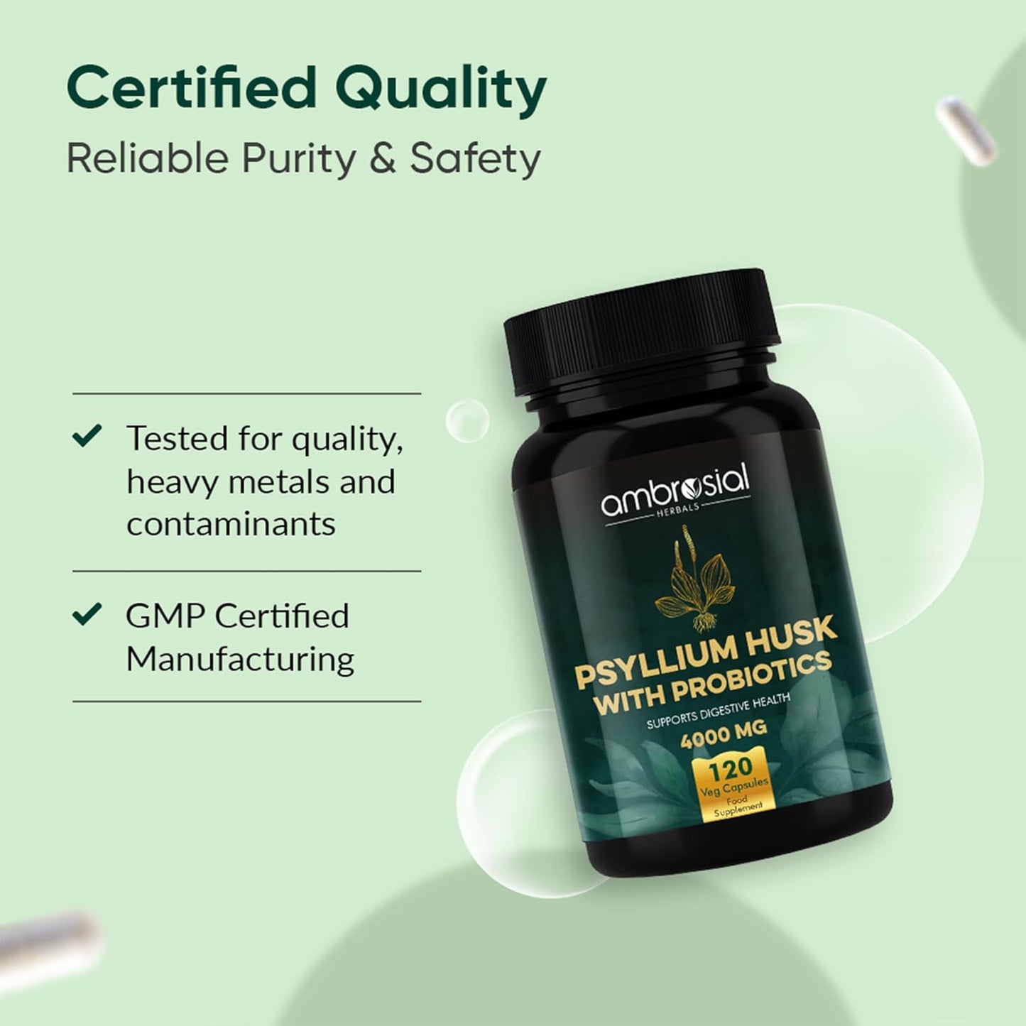 Ombroslab Psyllium Husk with Probiotics supplement bottle on a green background