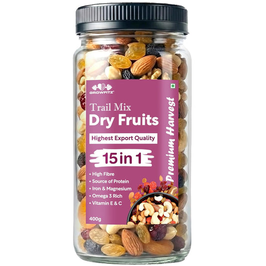 Growfitz Premium 15-in-1 Trial Mix 400g | Healthy Mixed Dry Fruits, Nuts & Seeds | Cashews, Almonds, Pistachio, Cranberries, Raisins, Pumpkin, Sunflower | High Protein Snack | Reusable Jar, Pack of 1