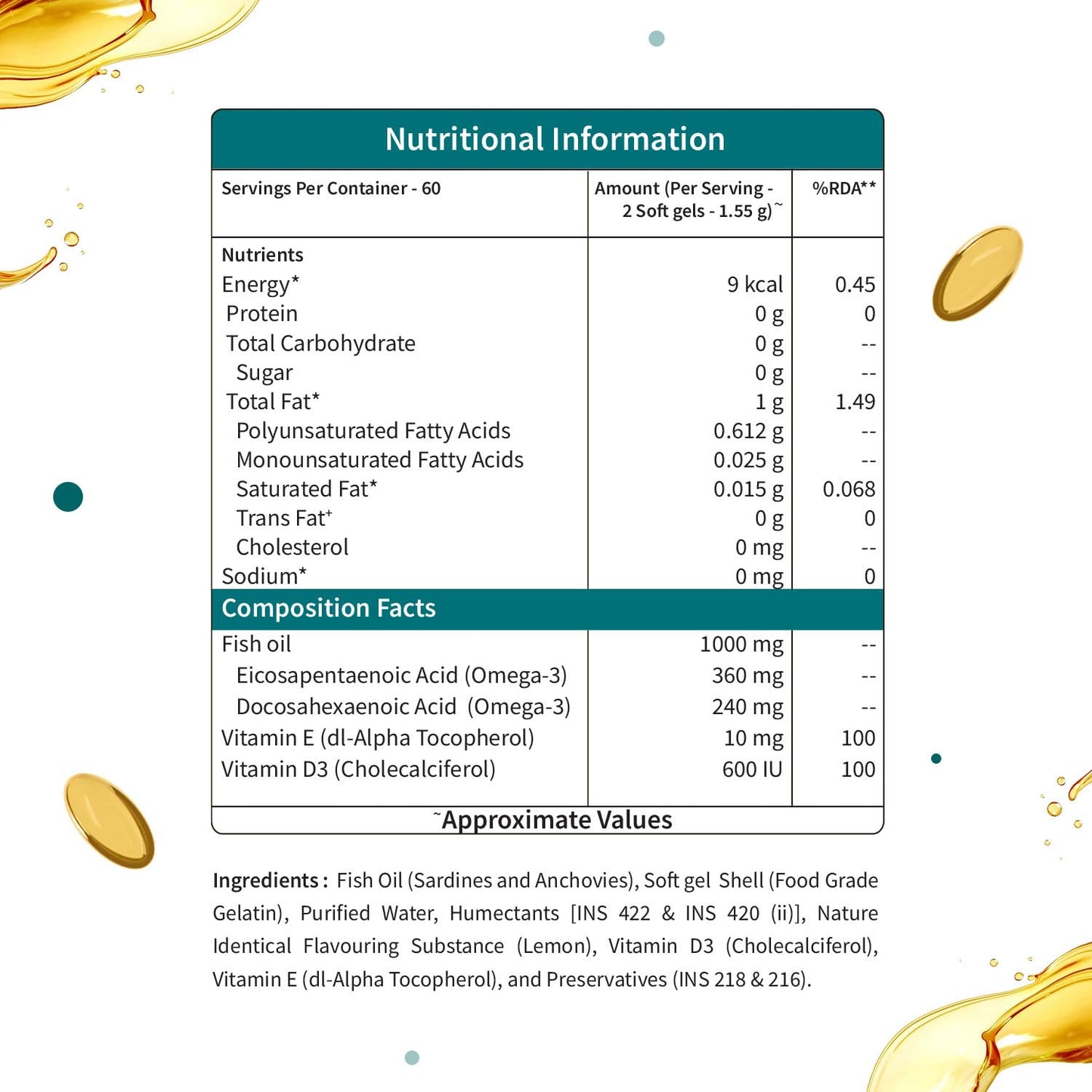 Neuherbs Mini Deep Sea Omega 3 Fish Oil Capsules 1000mg Supplement | EPA - 360mg, DHA - 240mg | With Vitamin E & D3 | Suppots Heart, Brain, Muscle & Joint Health| Lemon Flavour - 120 Softgels