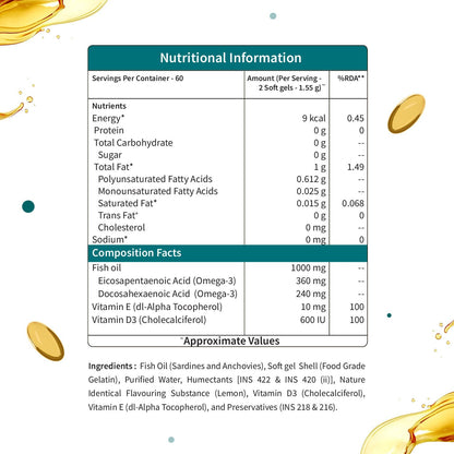 Neuherbs Mini Deep Sea Omega 3 Fish Oil Capsules 1000mg Supplement | EPA - 360mg, DHA - 240mg | With Vitamin E & D3 | Suppots Heart, Brain, Muscle & Joint Health| Lemon Flavour - 120 Softgels