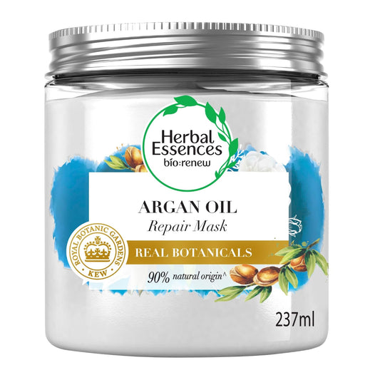 Jar of Herbal Essences Argan Oil Repair Mask with branding and product details on a white background