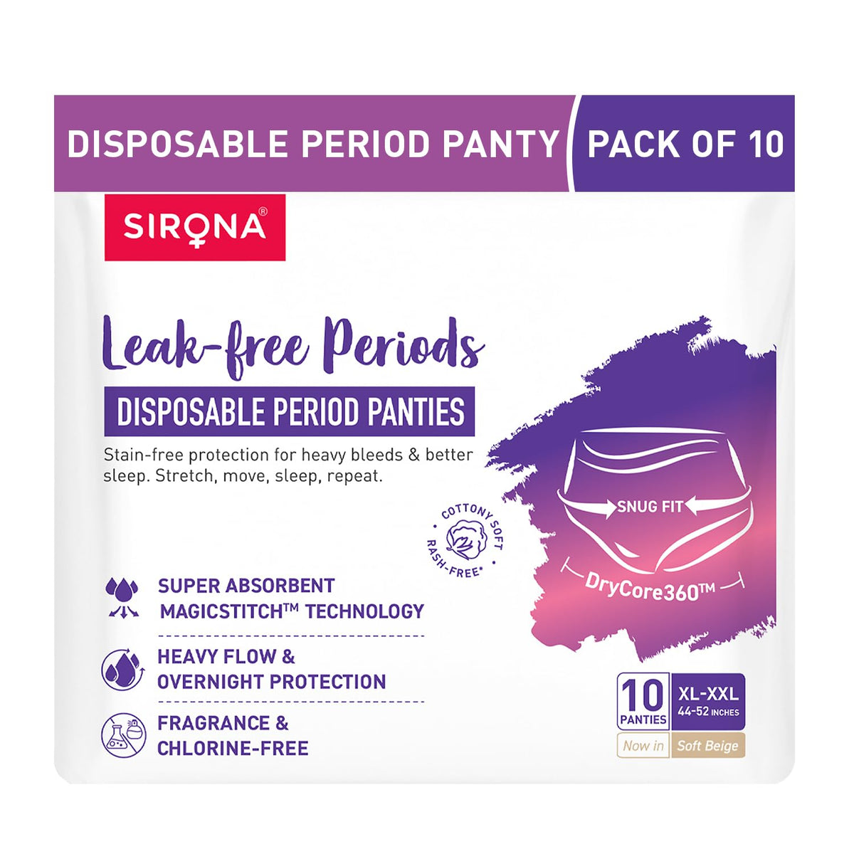 Sirona disposable period panties packaging with purple and white design