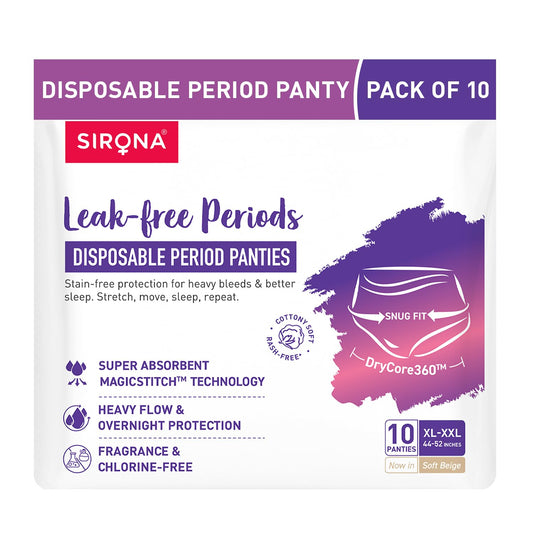 Sirona disposable period panties packaging with purple and white design