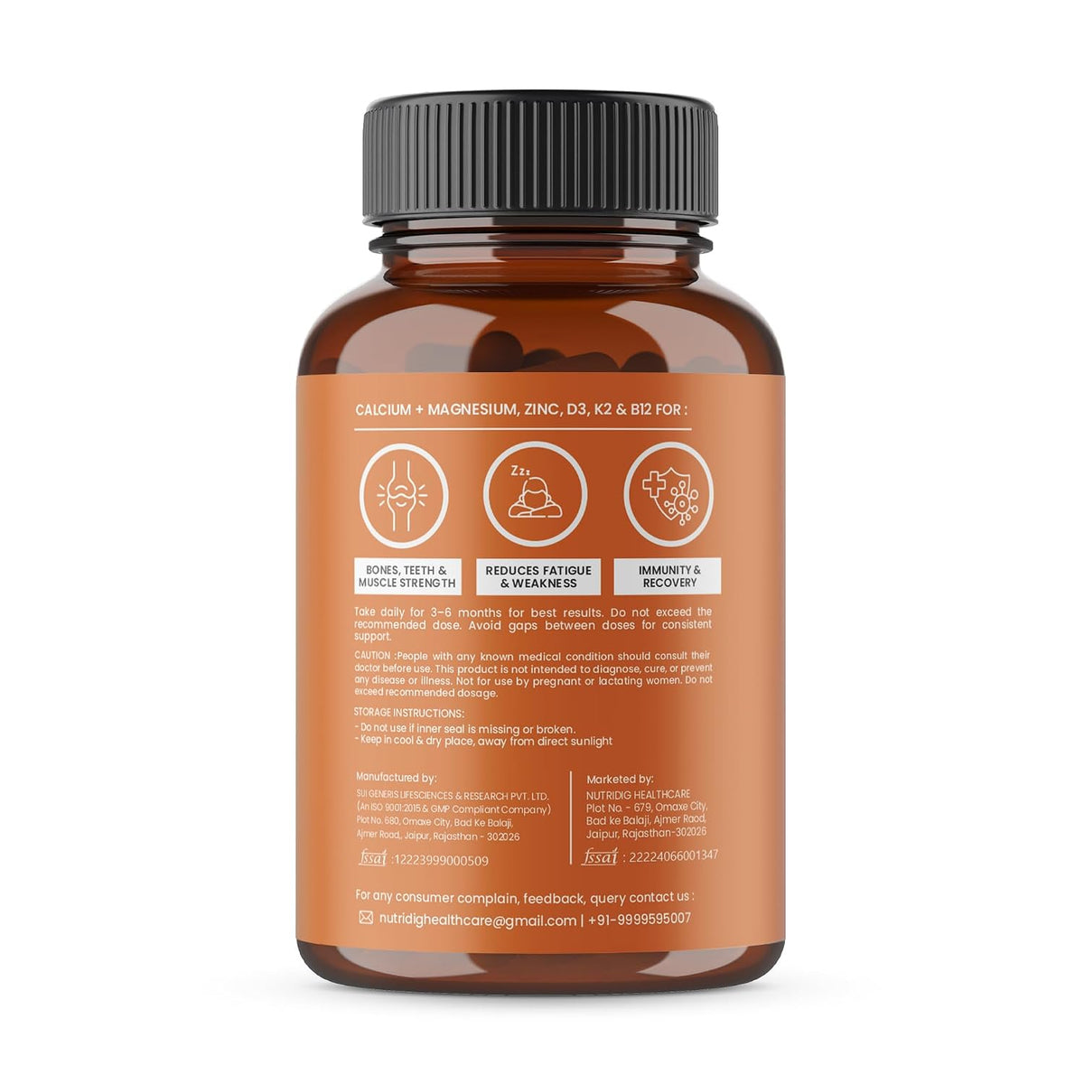 Nutridig Veg Calcium Magnesium Zinc Supplement with Vitamin D3, K2 MK7 & B12 | Daily Bone, Muscle & Mineral Nutrition for Men & Women - 60 Capsules