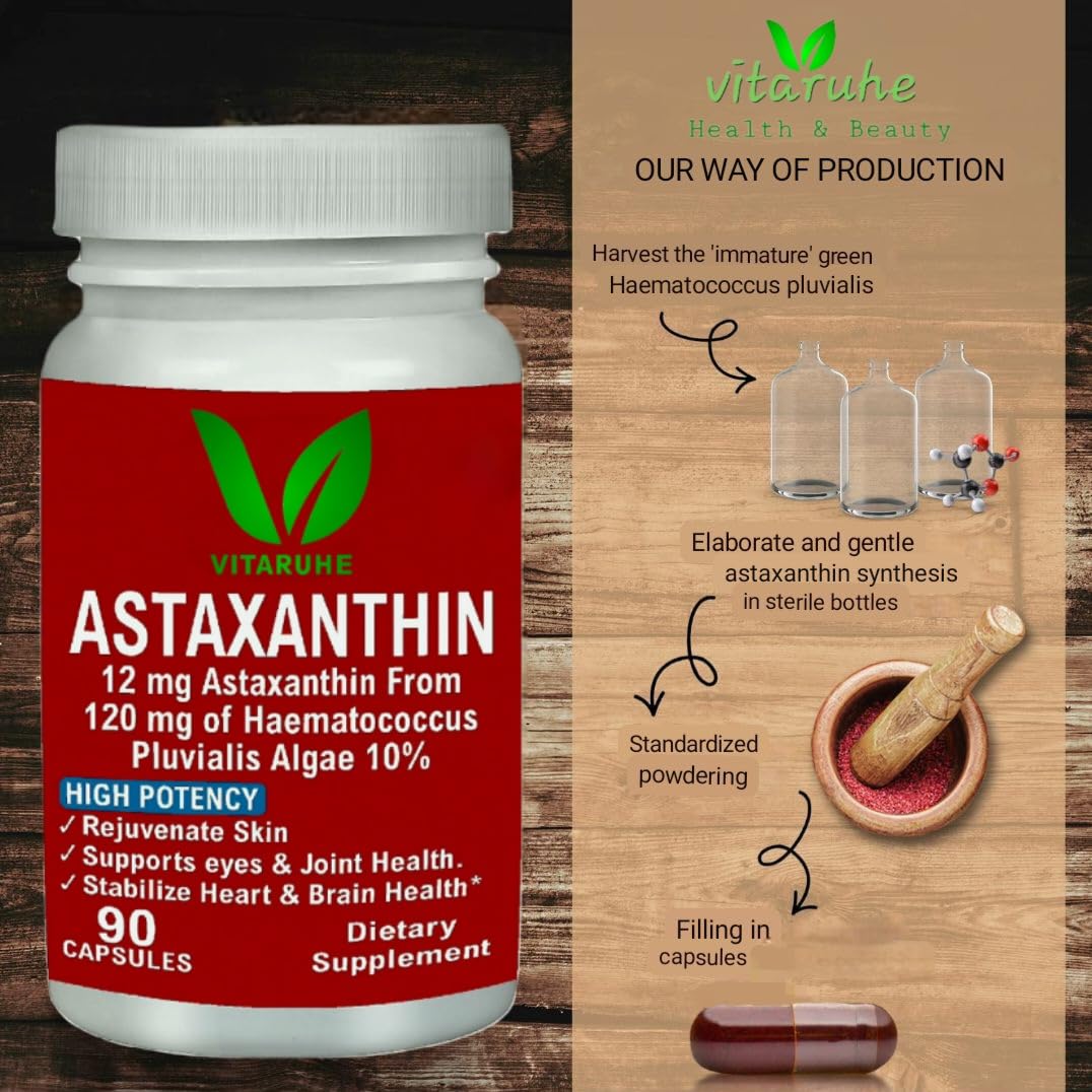 VITARUHE® Astaxanthin Supplement High Dose & Vegan, 12 mg Natural Astaxanthin Powder from Blood Rain Algae, 90 Capsules for 3 Months, No Additives