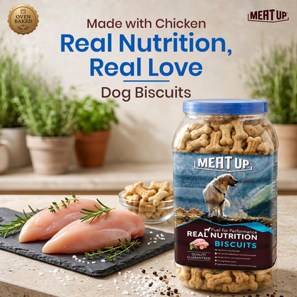 Meat Up Dog Treats Biscuits 1kg| Real Chicken Flavour | Remove Plaque & Tartar Build-up | Vitamins & Minerals | Promotes Lustrous Coat
