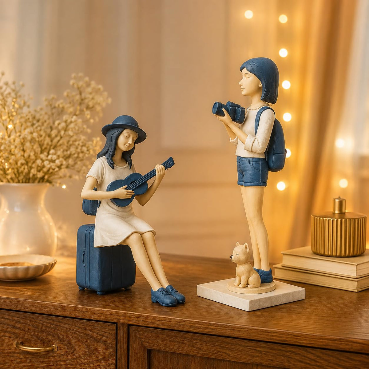 Cute and Elegant Girls Statue for Home Decor | Table Decor (Pack of 2, White & Blue)