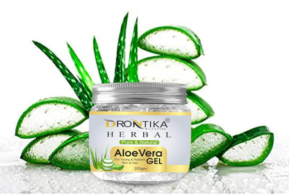 Drontika Herbal Aloe Vera Gel jar with aloe vera leaves on a white background