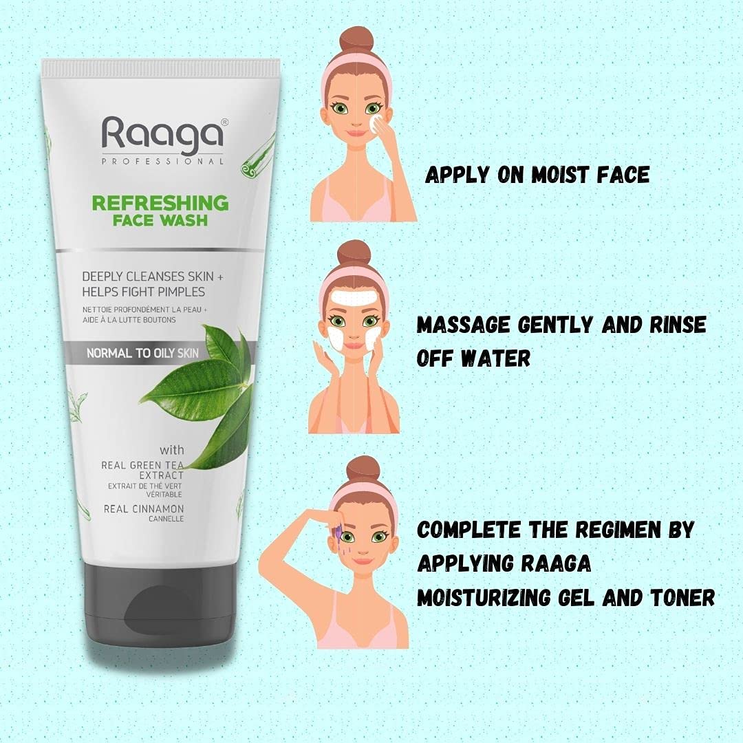 Raaga Refreshing Face Wash tube with usage instructions on a light blue background