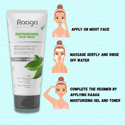 Raaga Refreshing Face Wash tube with usage instructions on a light blue background
