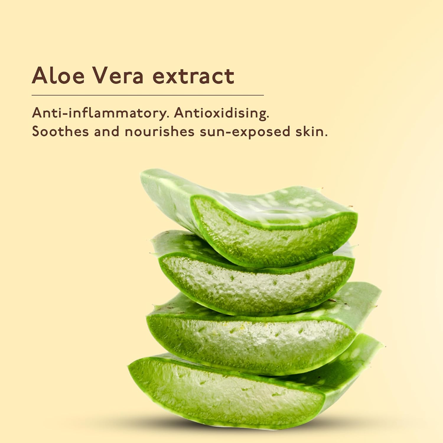 Sliced aloe vera leaves with text about aloe vera extract on a beige background