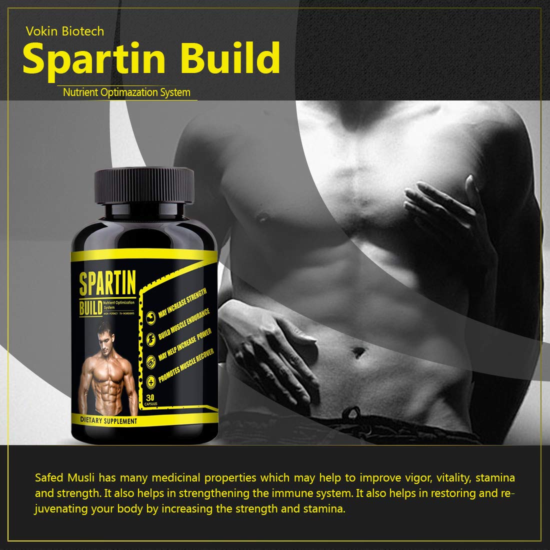 Spartin Build supplement bottle with a muscular man in the background