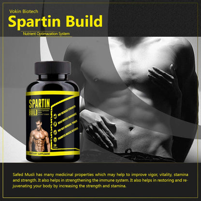 Spartin Build supplement bottle with a muscular man in the background