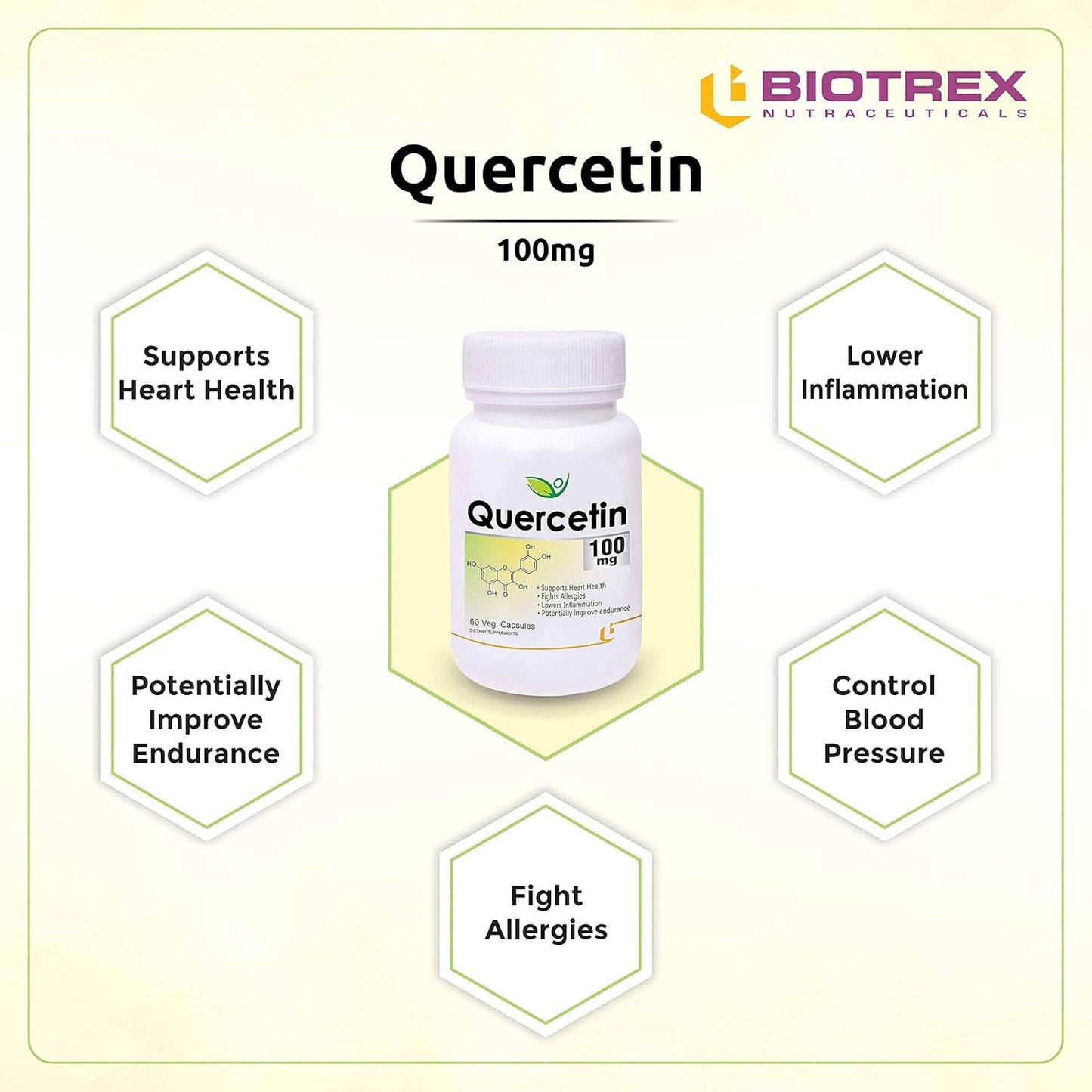 Biotrex Nutraceuticals Quercetin 100mg | Supports Energy, Brain & Heart Health | Antioxidant | Cardiovascular & Respiratory Health – 60 Veg Capsules