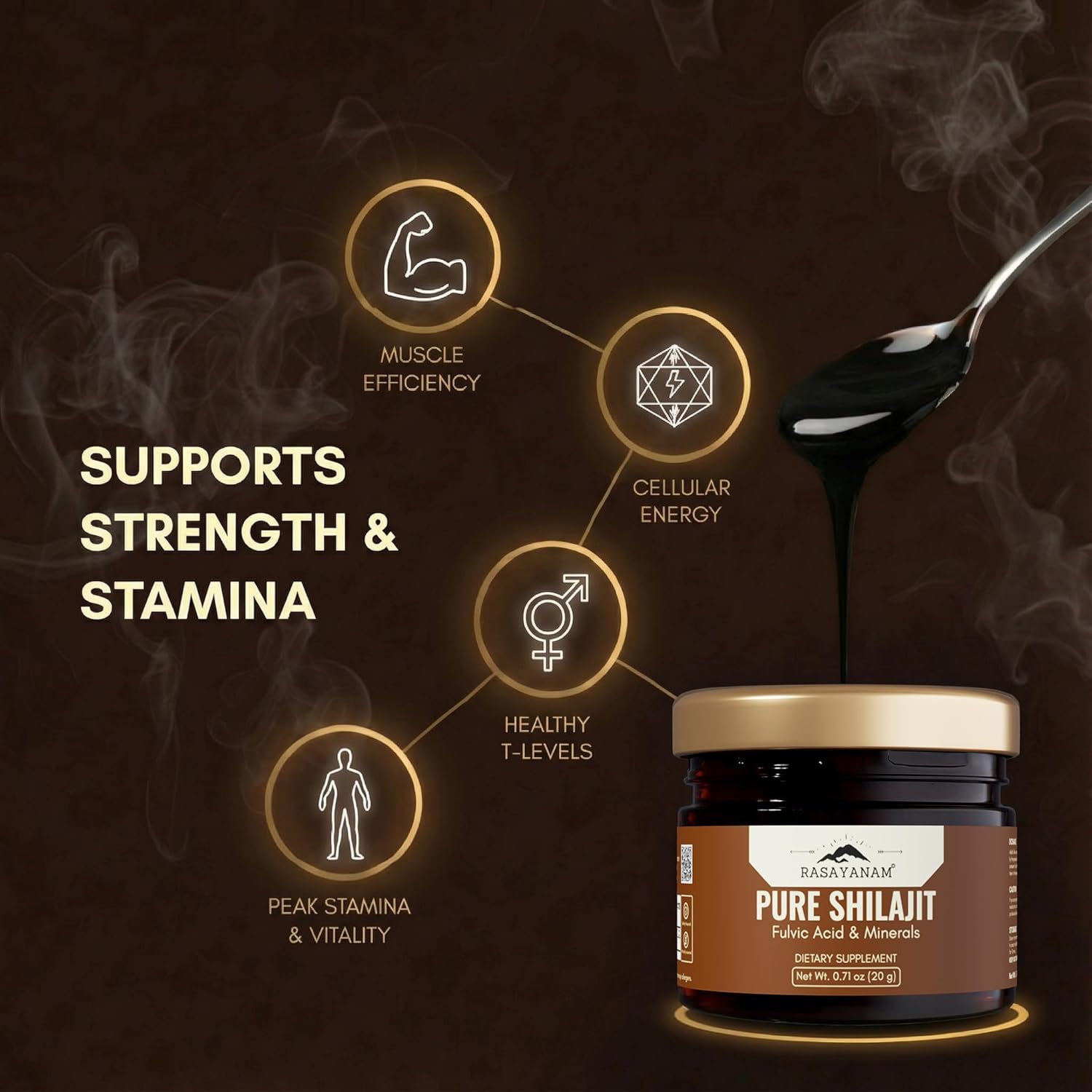 Supplement jar labeled 'Pure Shilajit' with health benefits on a dark background