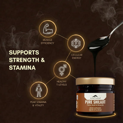 Supplement jar labeled 'Pure Shilajit' with health benefits on a dark background