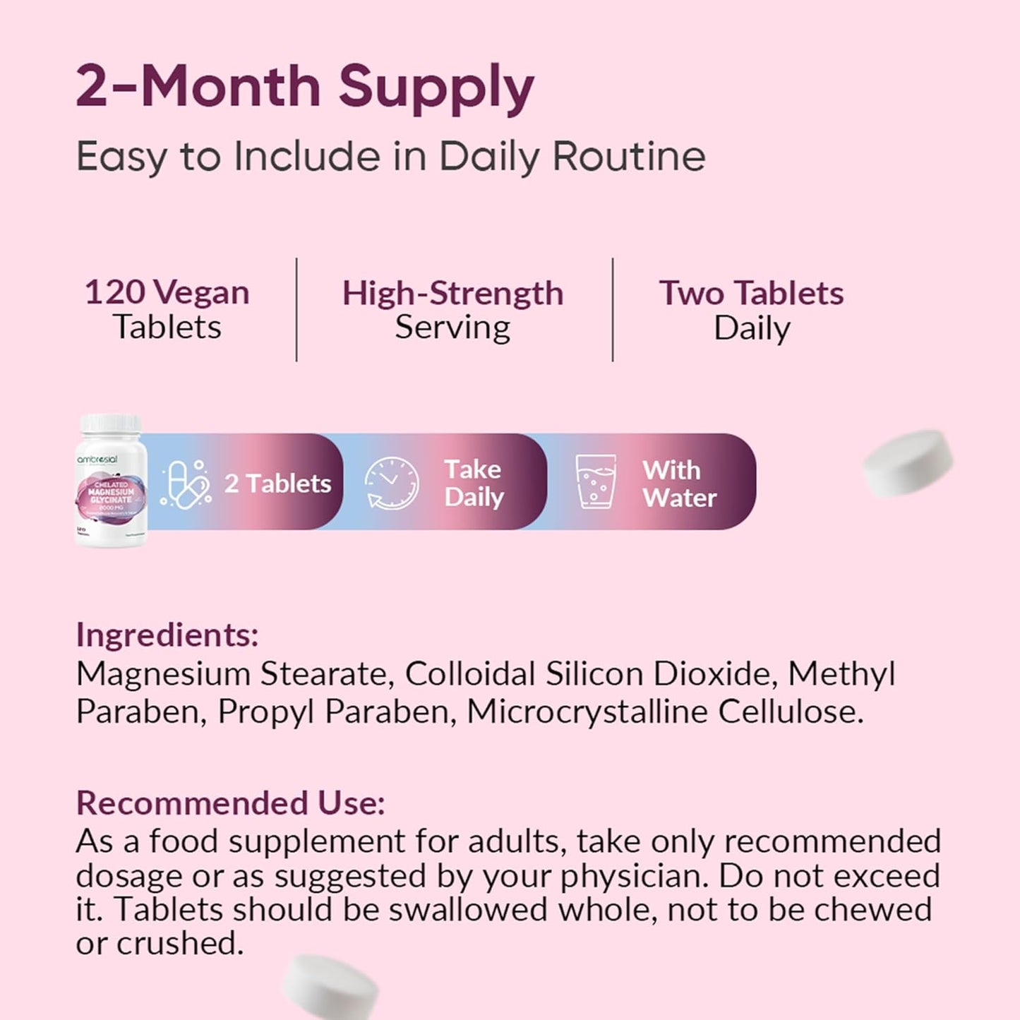 Supplement packaging with text on a pink background