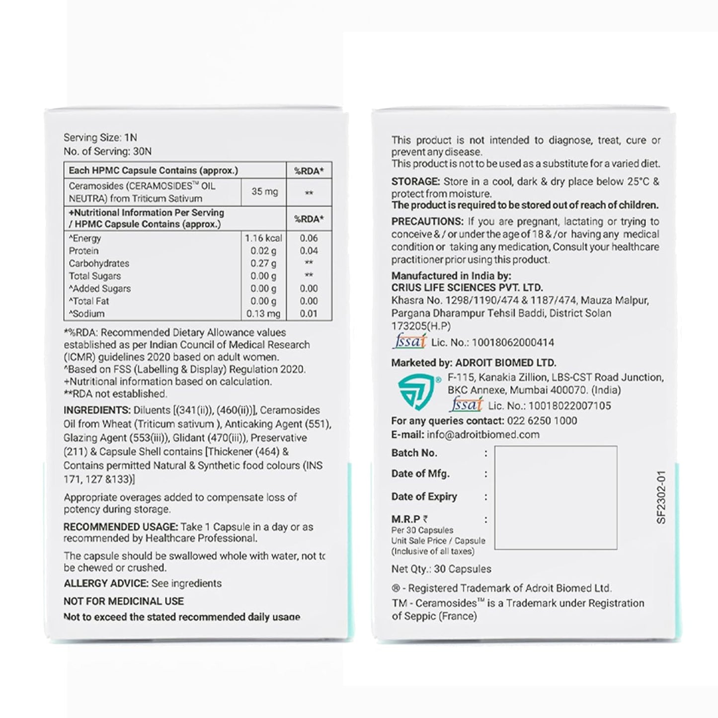 Nutritional label and ingredients list on a white background