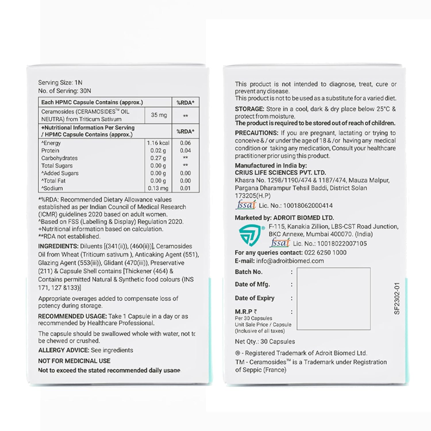 Nutritional label and ingredients list on a white background