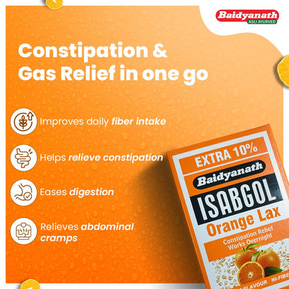 Baidyanath Isabgol Psyllium Husk Orange Lax Powder| Tasty Natural Fibre Laxative for Constipation Relief & Digestion | Effervescent, Gluten - 110 g