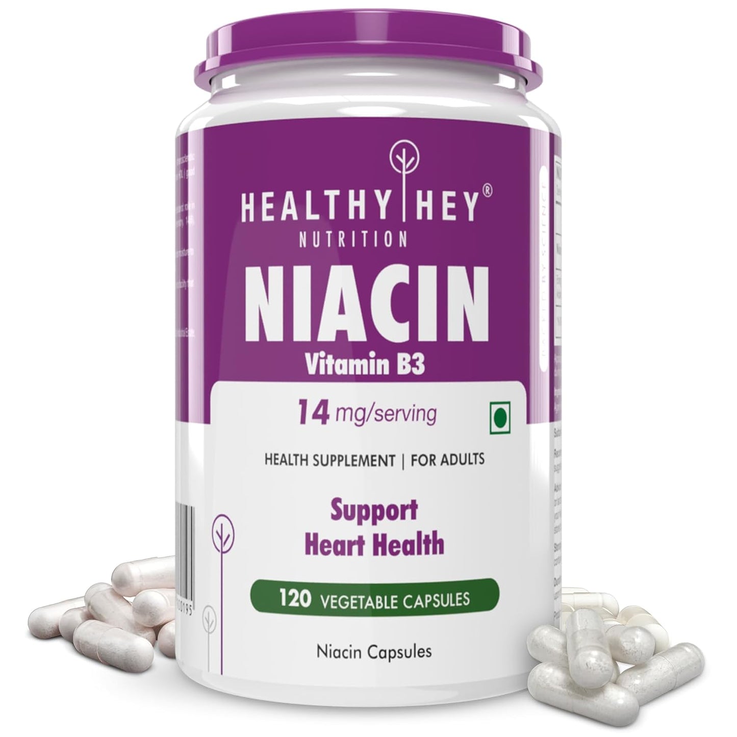 Supplement container labeled 'Healthy Hey Niacin Vitamin B3' with purple and white design.