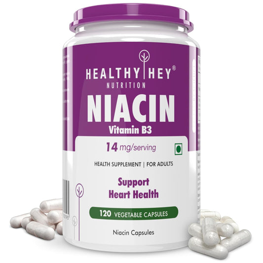 Supplement container labeled 'Healthy Hey Niacin Vitamin B3' with purple and white design.