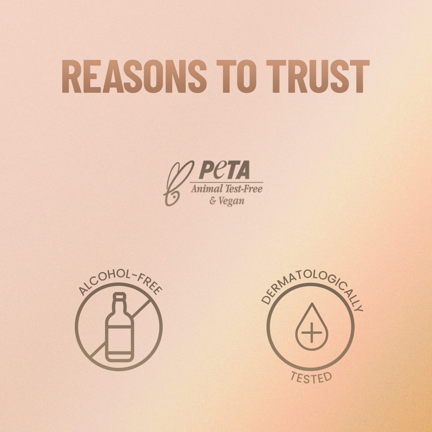 PETA certification logo with 'Reasons to Trust' text on a gradient background