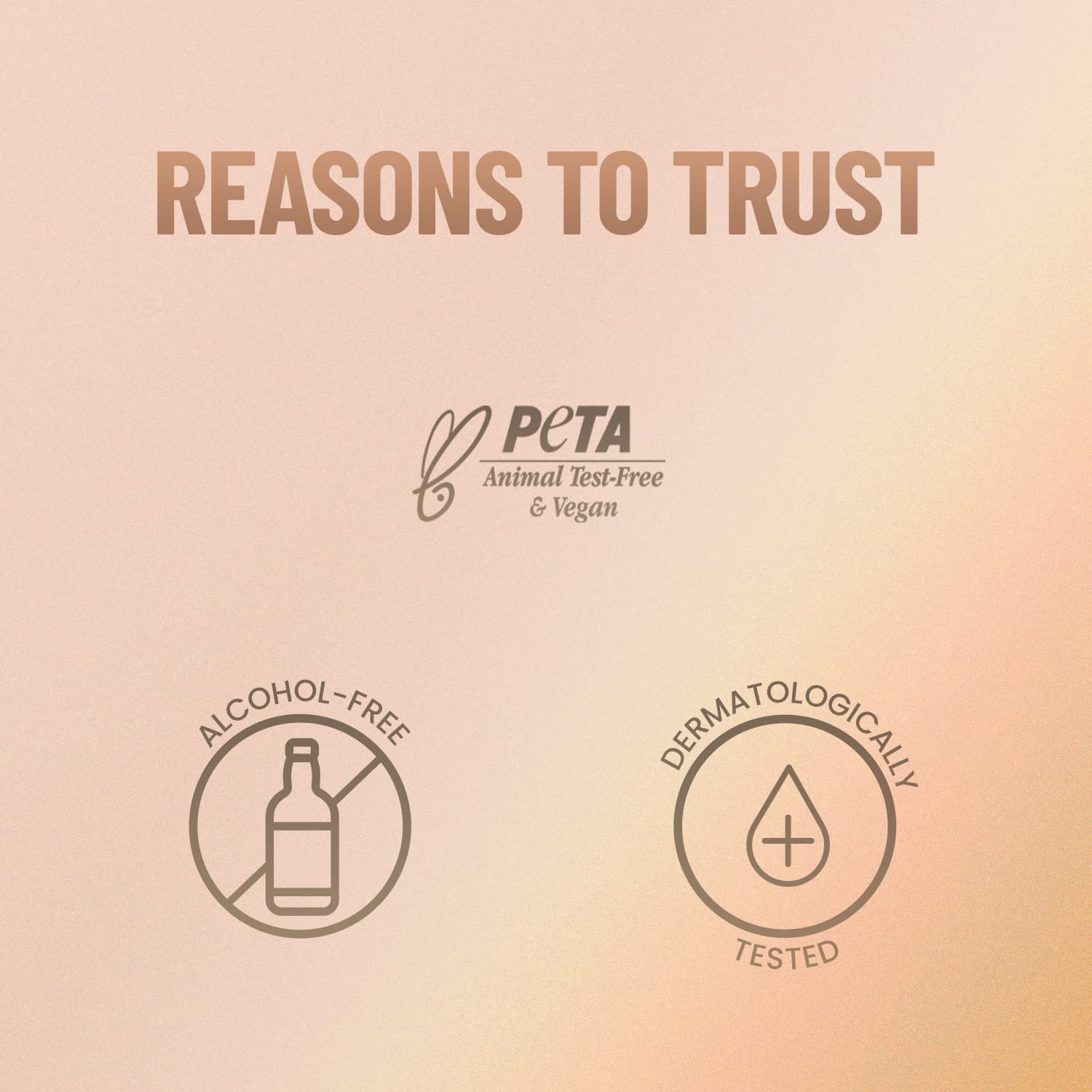 PETA certification logo with 'Reasons to Trust' text on a gradient background