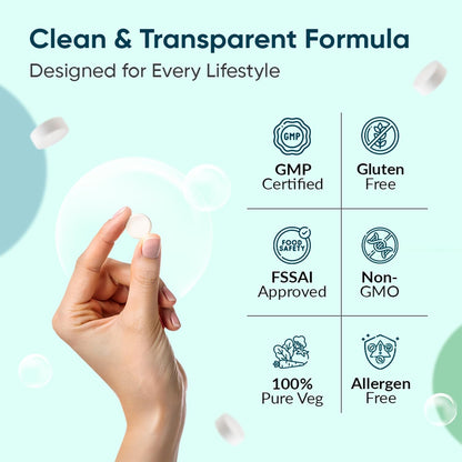 Product packaging with certification icons and a hand holding a small container on a light blue background.